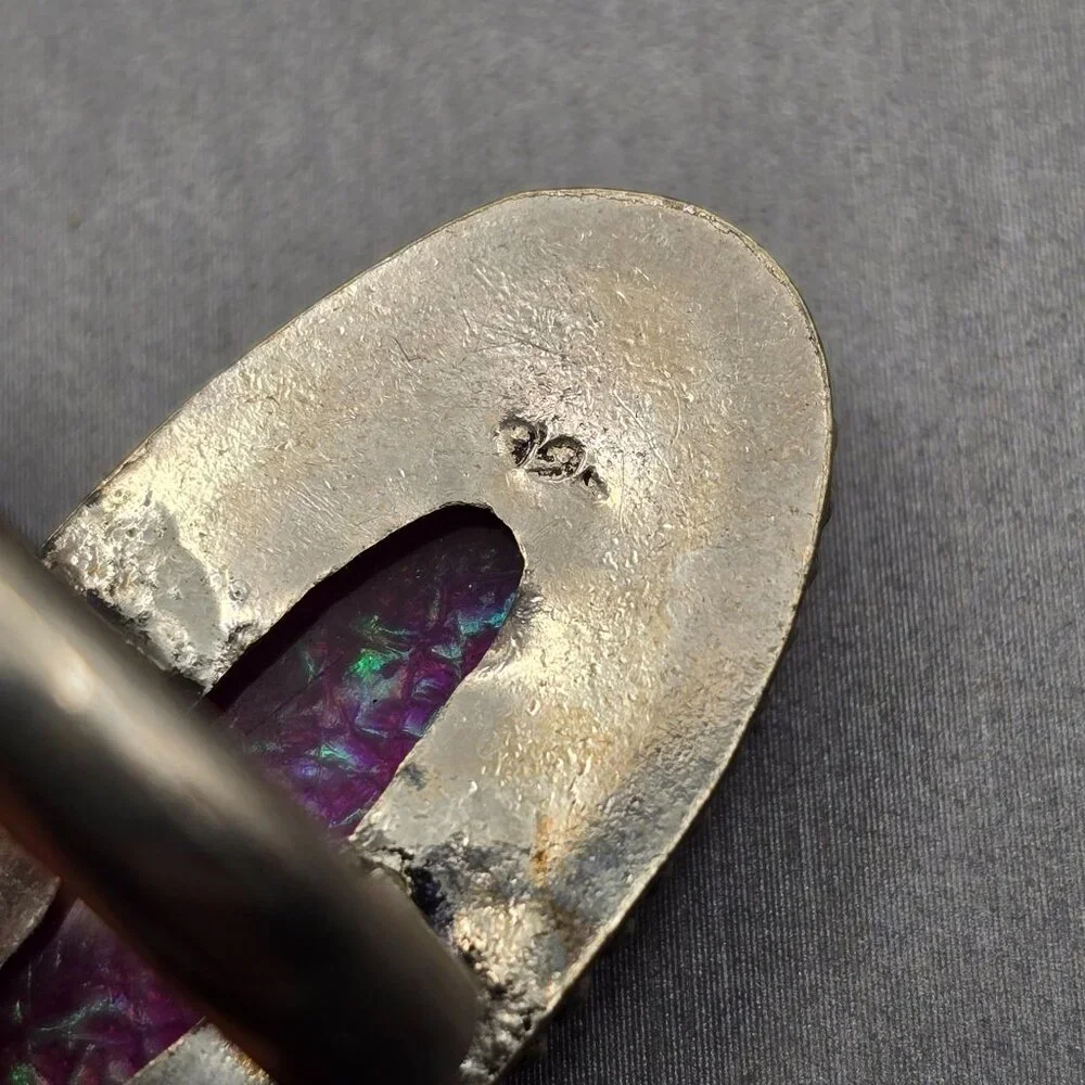 Triplet Opal Statement Ring VTG Pink Iridescent Glass Cabochon Size 8 Silver Plt - Picture 5 of 12